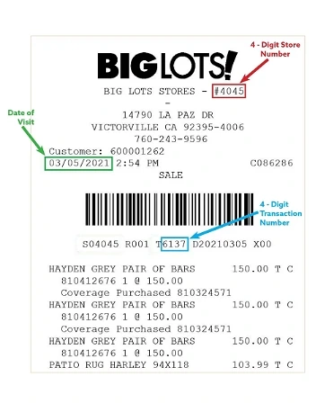 sample receipt of big lots